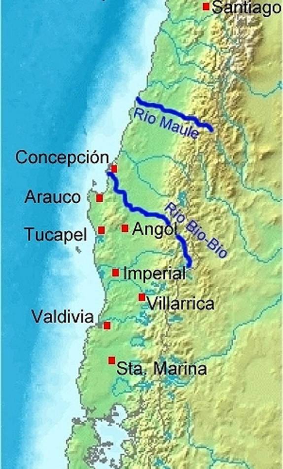 Mapa mostrando as cidades espanholas no sul do Chile. Todas as cidades ao sul do rio Bio Bio tiveram  de ser abandonadas após a vitória mapuche ao final do século XVI